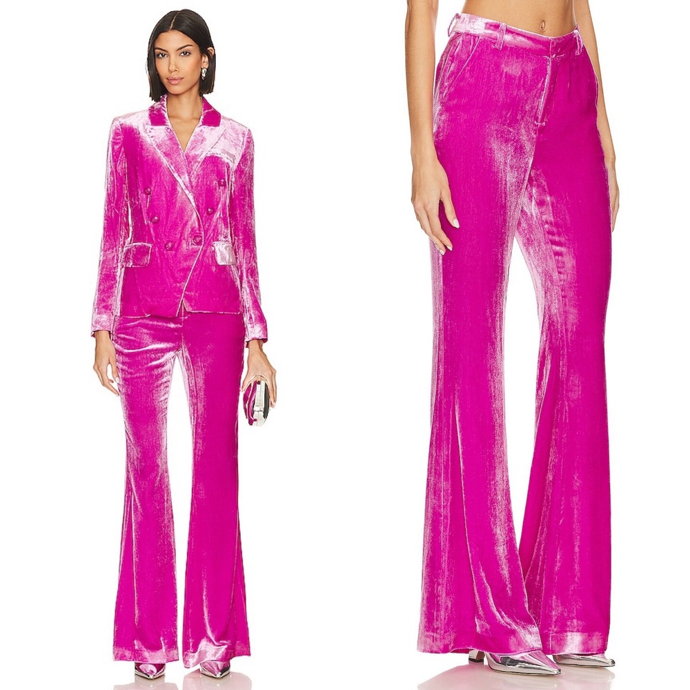 L'Agence Lane Flared‎ Trouser 2 Hot Pink Silk Blend Velvet Wide Leg French Chic - Picture 2 of 14